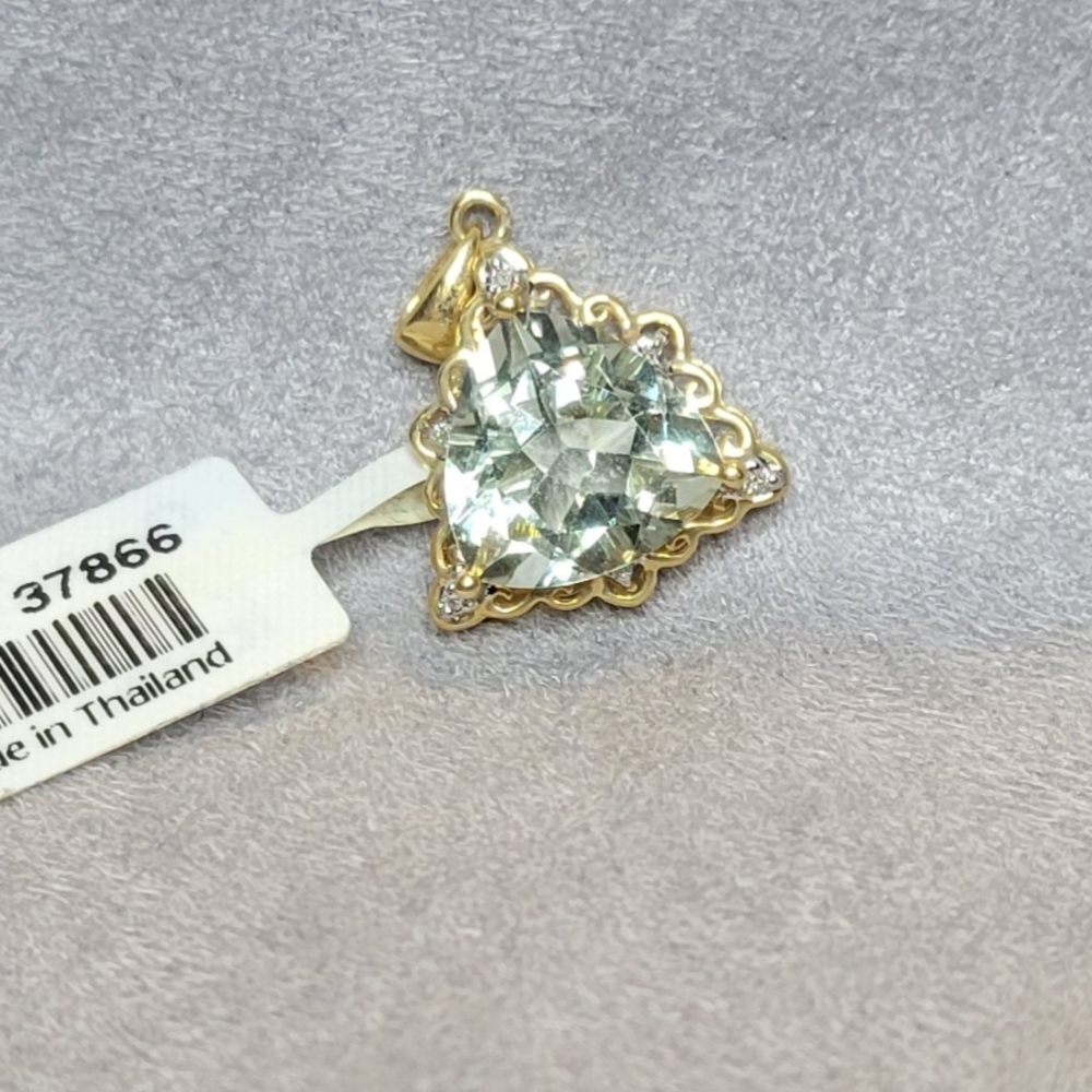 GORGEOUS 14K Yellow Gold Green Amethyst & Diamond Pendant